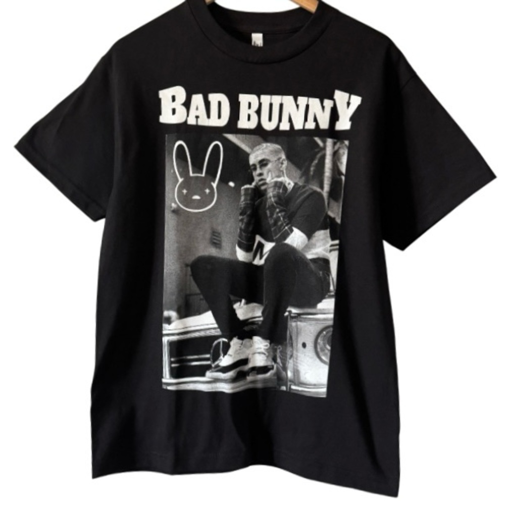 Bad Bunny Photo Graphic on Black Medium Unisex American Apparel T-Shirt.